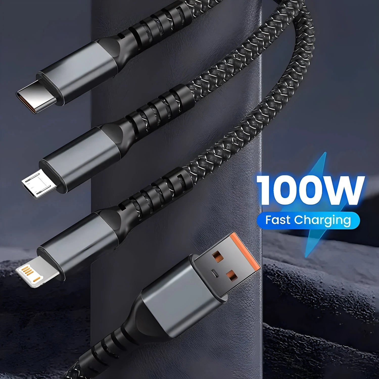 3-in-1 USB 100W 6A Fast Charger Cable Car USB To Type-C Micro LIGHTNING Cable For iPhone 16 15 14 13 Samsung Xiaomi Huawei Beauty World Shop