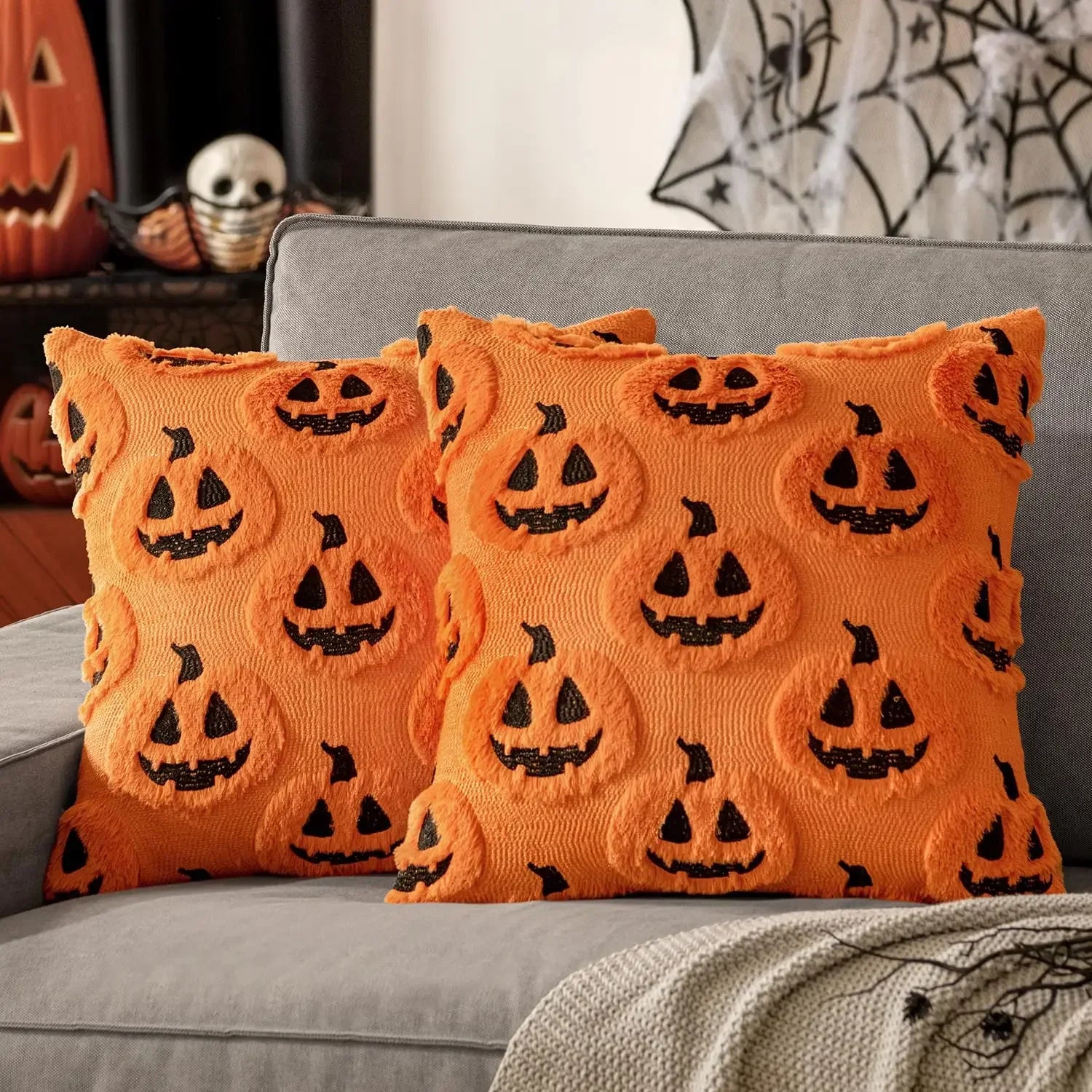 Fall Halloween Throw Pillow Covers 18x18 Decorative Pumpkin Pattern Pillowcase Soft Plush Faux Wool Cushions for Home Sofa Couch Beauty Trend Shop