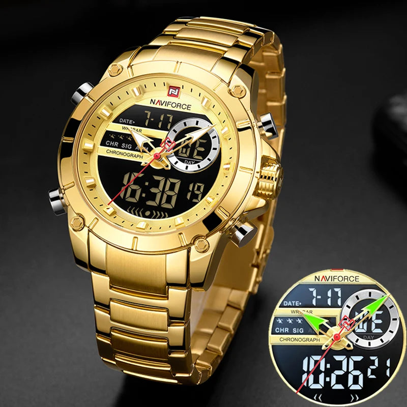 NAVIFORCE 9163 Luxury Original Sport Wrist Watch For Men Quartz Steel Waterproof Dual Display Military Watches Relogio Masculino Beauty World Shop