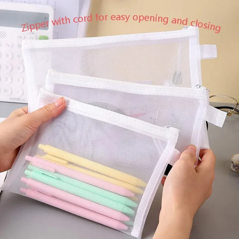 3pcs/Set Transparent Document Bag Mesh Zipper Information Bag Small Fresh Large Capacity Stationery Bag Beauty World Shop