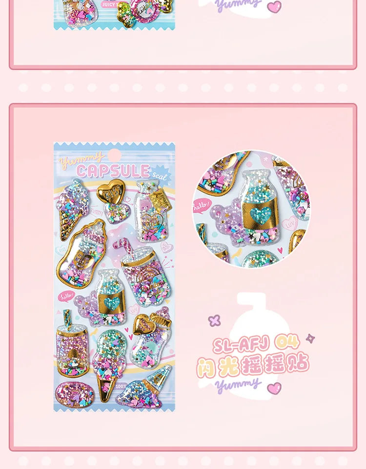 Kawaii Capsule Sparkling 3D Stickers Scrapbooking Diy Journal Stationery Sticker Cute Deco Art School Supplies Beauty World Shop