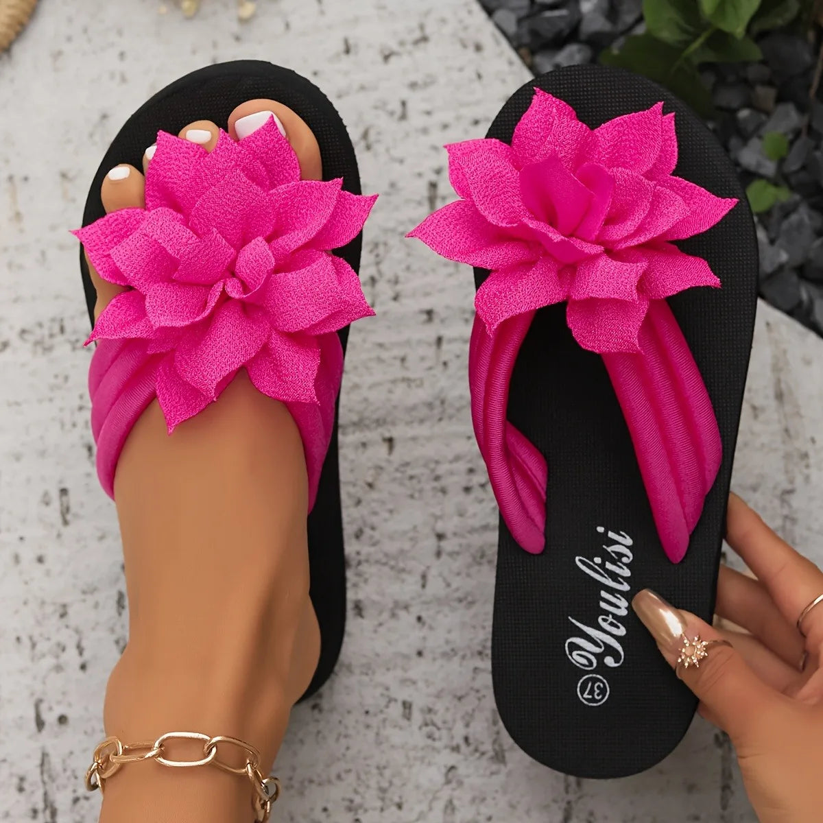 Women's Floral Flip Flops SlipOn Vacation Style Mid Heel Sandals Fabric Upper EVA Sole Insole Solid Color Summer Casual Footwear Beauty World Shop