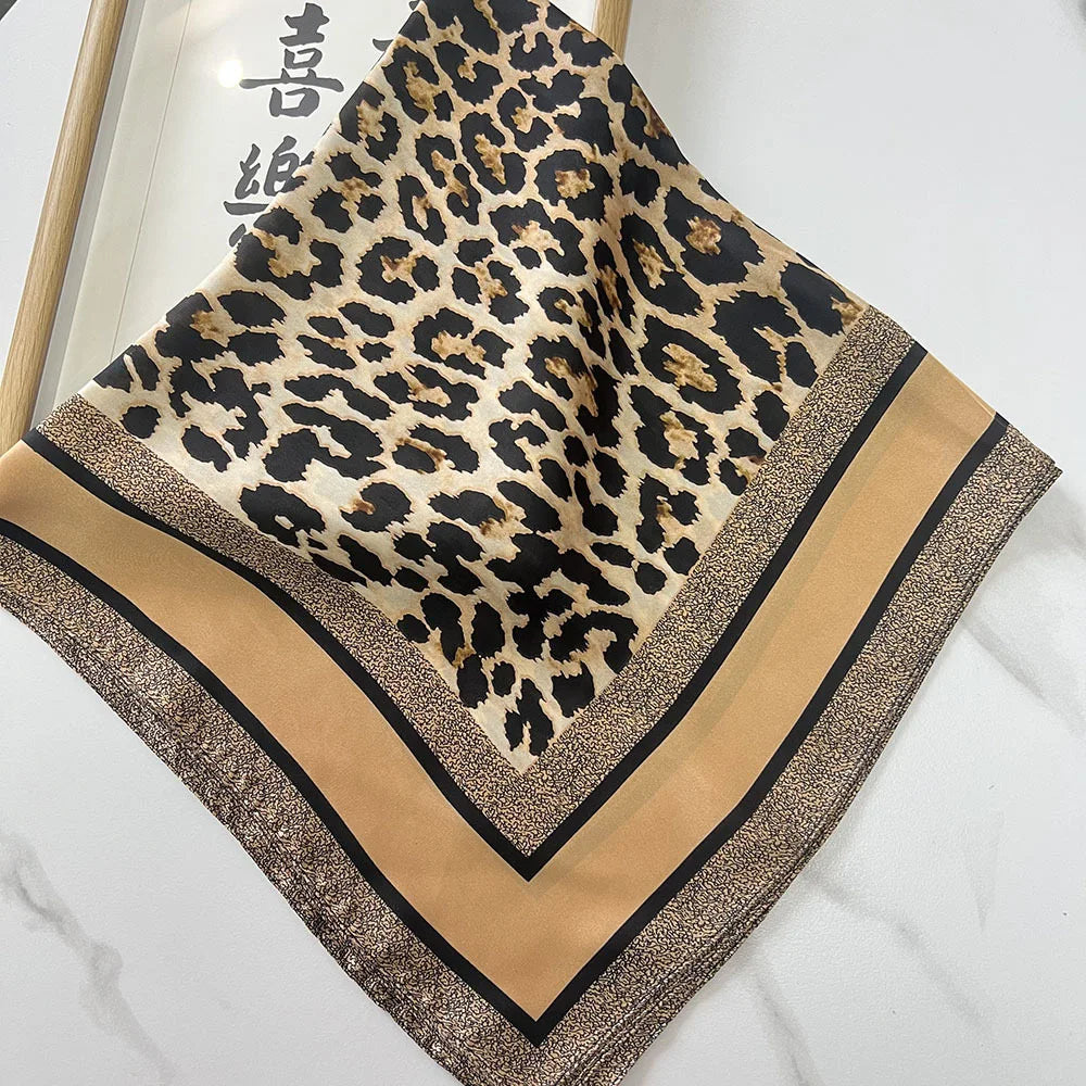 1pcs 70cm Leopard Print Silk Scarf for Women Imitation Silk Light Luxury Versatile Headwear Bag Decoration Clothing Square Scarf Beauty World Shop