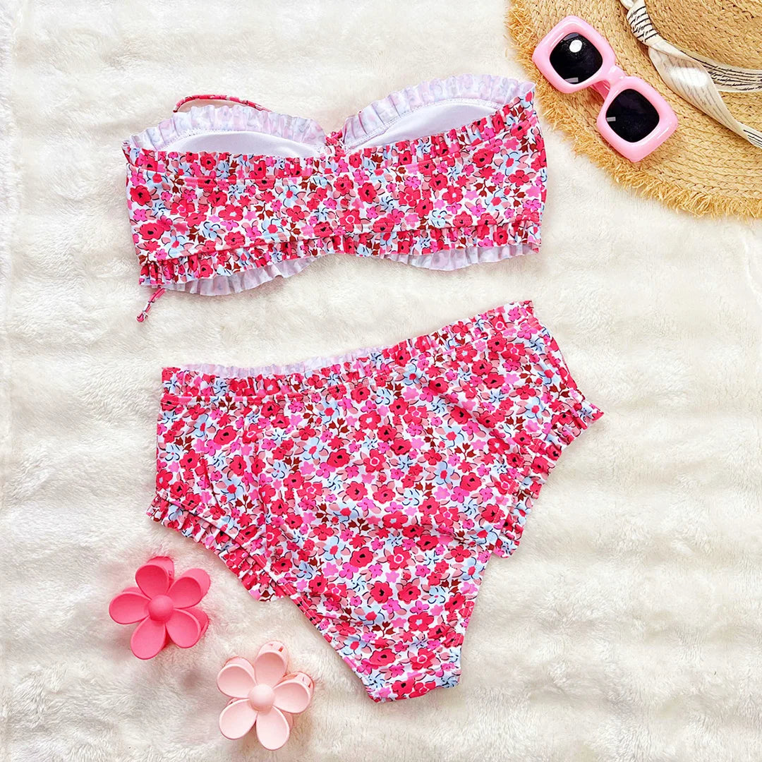 Flowers Printed Bandeau Female Swimsuit High Waist Bikini Women Swimwear Two-pieces Bikini set Bather Bathing Suit Swim V6613 Beauty World Shop