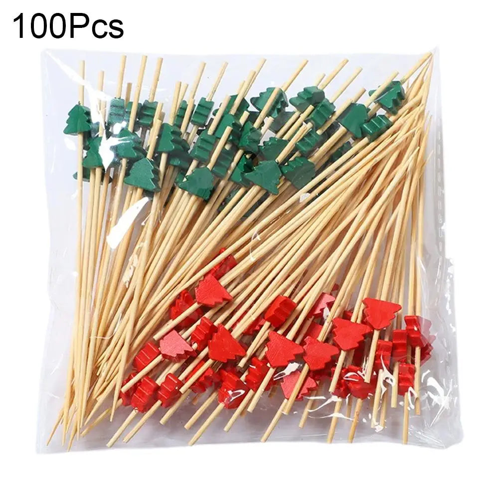 100Pcs Christmas Bamboo Skewer Cocktail Picks Cupcake Topper Disposable Food Dessert Toothpicks Fruit Sticks Party Supplies Beauty Trend Shop