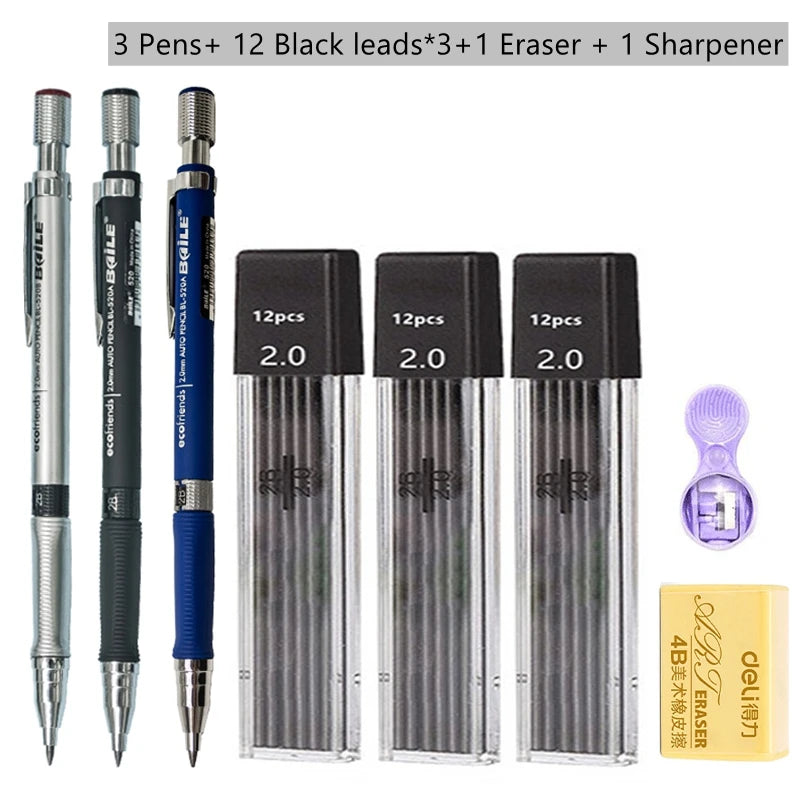Mechanical Pencil Set 2.0 mm with 2B Black/Colors Lead Refill For Writing Sketching Art Drawing Painting School Automatic Pencil Beauty World Shop