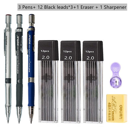 Mechanical Pencil Set 2.0 mm with 2B Black/Colors Lead Refill For Writing Sketching Art Drawing Painting School Automatic Pencil Beauty World Shop