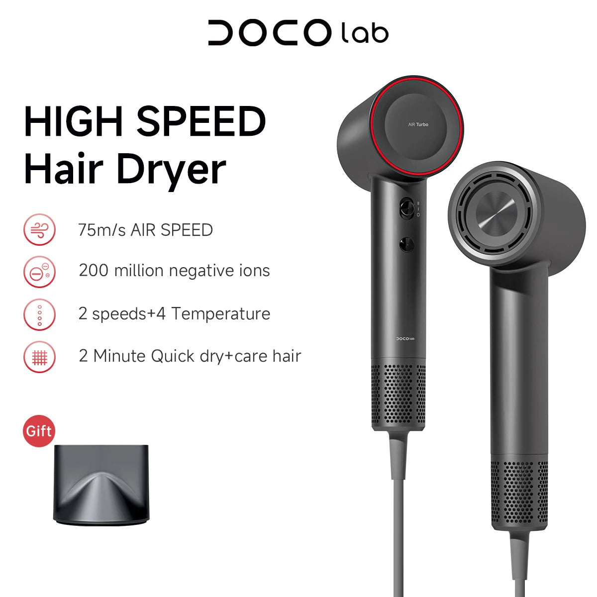 DOCO Hair Dryer 75m/s High Speed 200 Million Negative Ions Hair Care 110000 Rpm Professional Lightweight Home Travel Gift Beauty World Shop