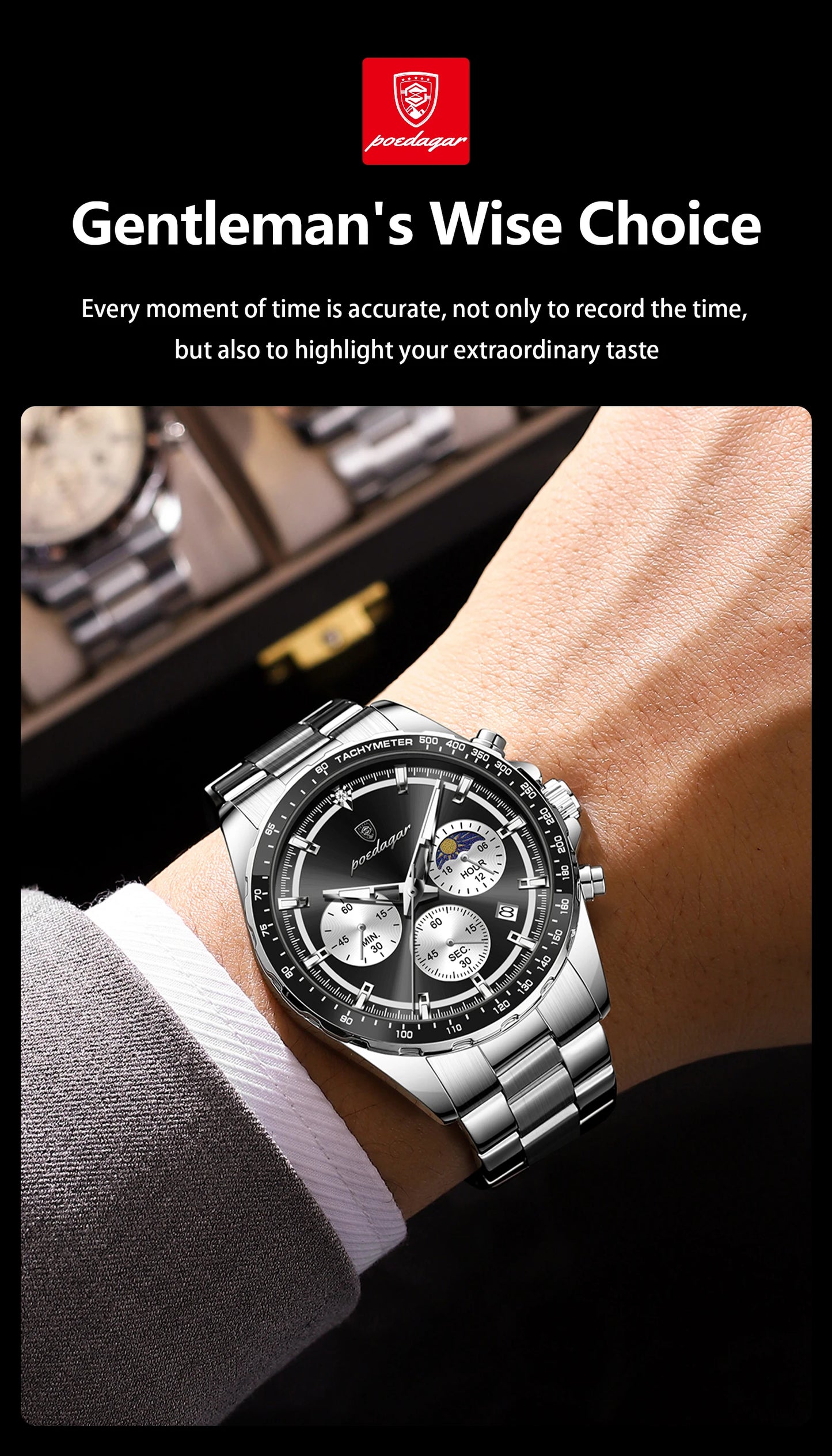 POEDAGAR Business Brand Man Wristwatch Waterproof Stainless Steel Luminous Men Watch Chronograph Date Men's Quartz Watches Reloj Beauty World Shop