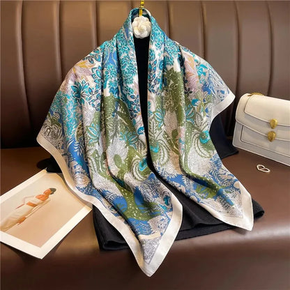 90cm Silk Twill Square Scarf For Women Spring Print Hair Band Hijab Foulard Sunsceen Neckerchief Shawl Wraps Echarpe New Beauty World Shop
