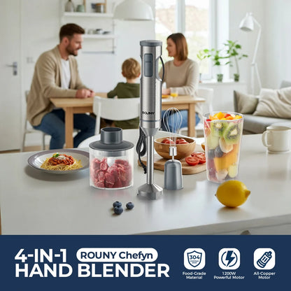 ROUNY 4-in-1 Hand Immersion Blender 1000W Powerful, Stainless Steel Stick Food Mixer,700ml Mixing Beaker,500ml Processor, Whisk Beauty World Shop