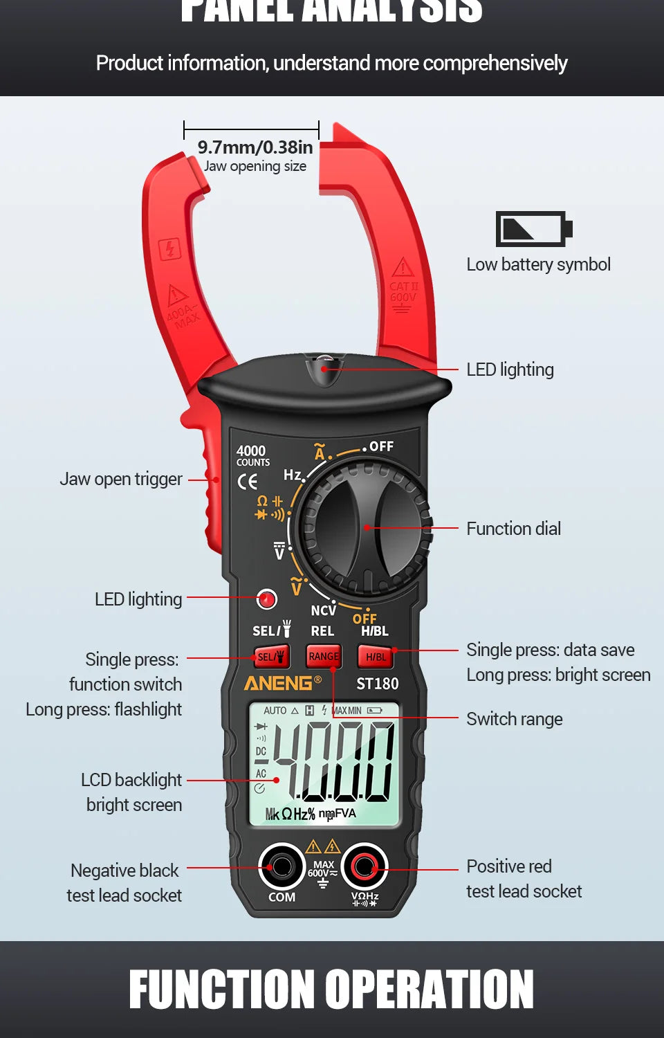 ANENG ST180 AC Current Clamp Meter  Digital 4000 Counts Multimeter Ammeter Voltage Tester Car Amp Hz Capacitance NCV Ohm Tool Beauty World Shop