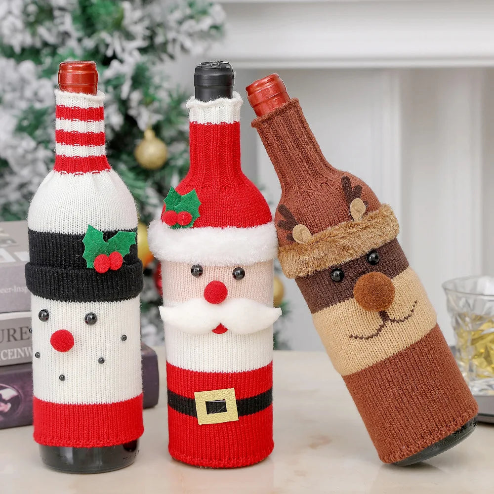 Christmas Wine Bottle Cover Set Santa Snowman Woven Wine Bottle Bags for Christmas Party Dinner Table Decorations New Year Gifts Beauty World Shop