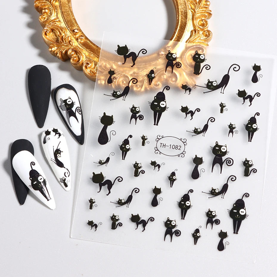 2pcs Black Cat Nail Stickers 3D Cute Cartoon Animal 3D Self-Adhesive Nail Art Decals Sliders Decorations Manicure Accessories Beauty World Shop
