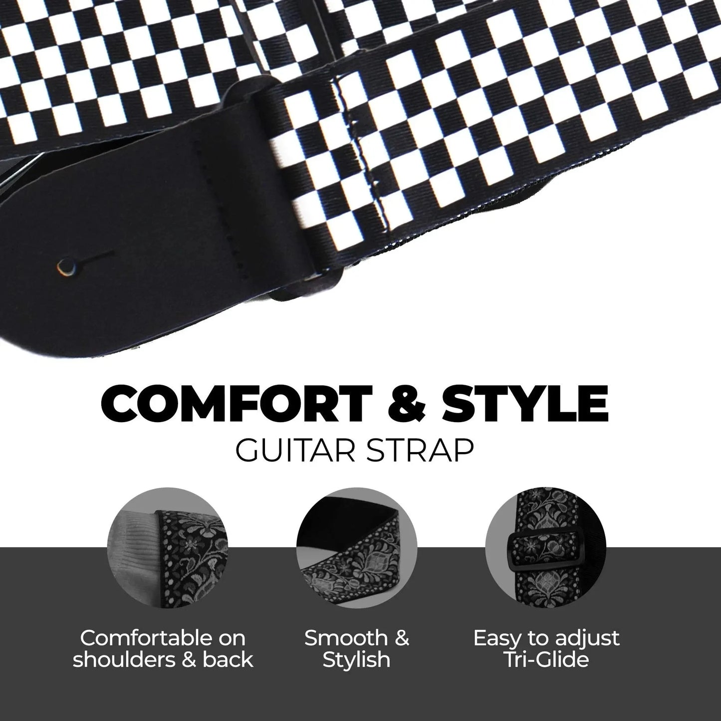 10pcs Guitar Shoulder Strap, Black and White Squares Pattern Adjustable Guitar Shoulder Strap Includes 5 Guitar Picks and 1 Hold Beauty World Shop