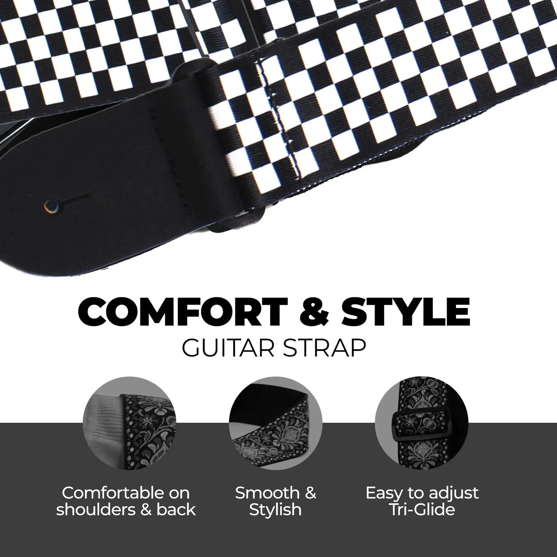 10pcs Guitar Shoulder Strap, Black and White Squares Pattern Adjustable Guitar Shoulder Strap Includes 5 Guitar Picks and 1 Hold Beauty World Shop