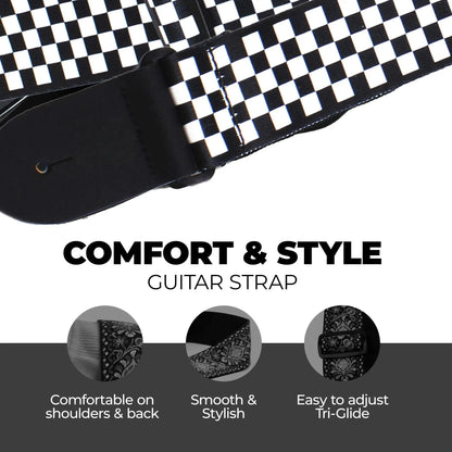10pcs Guitar Shoulder Strap, Black and White Squares Pattern Adjustable Guitar Shoulder Strap Includes 5 Guitar Picks and 1 Hold Beauty World Shop
