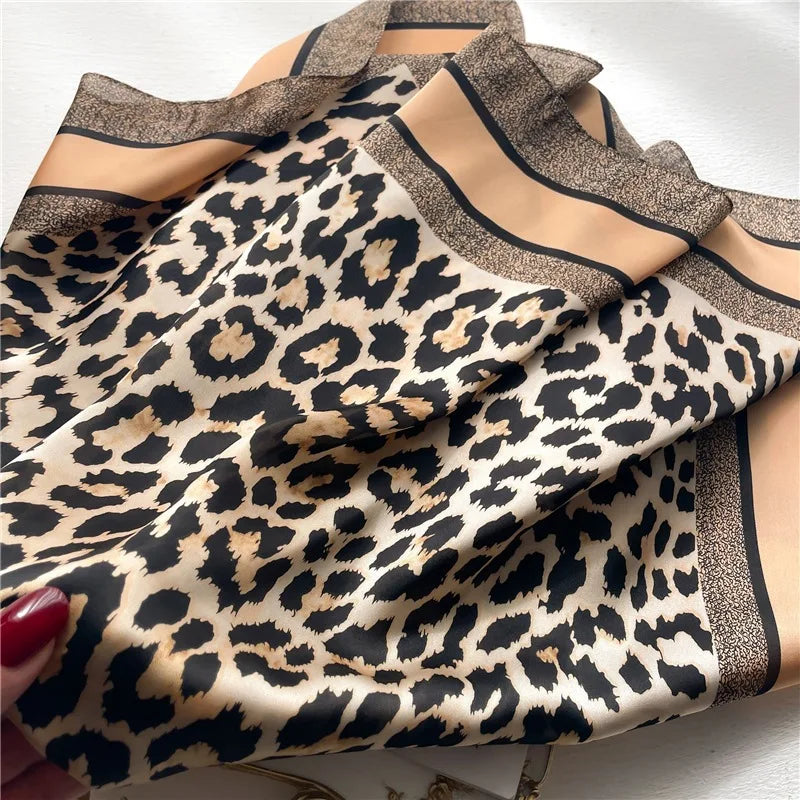 1pcs 70cm Leopard Print Silk Scarf for Women Imitation Silk Light Luxury Versatile Headwear Bag Decoration Clothing Square Scarf Beauty World Shop