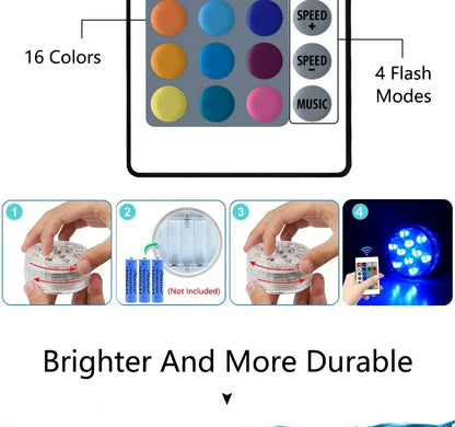 10 LED RGB Underwater Lights with Magnetic Suction Cups 16 Color Lights Fish Tank Pool Underwater Lighting Plant Grow Lights Beauty World Shop