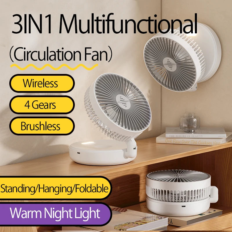 2024 New Rechargeable 3IN1 Multifunctional Portable Fan Wall Mounted Fan 90° Folding Fan 4 Gears With Warm Night Light Beauty World Shop