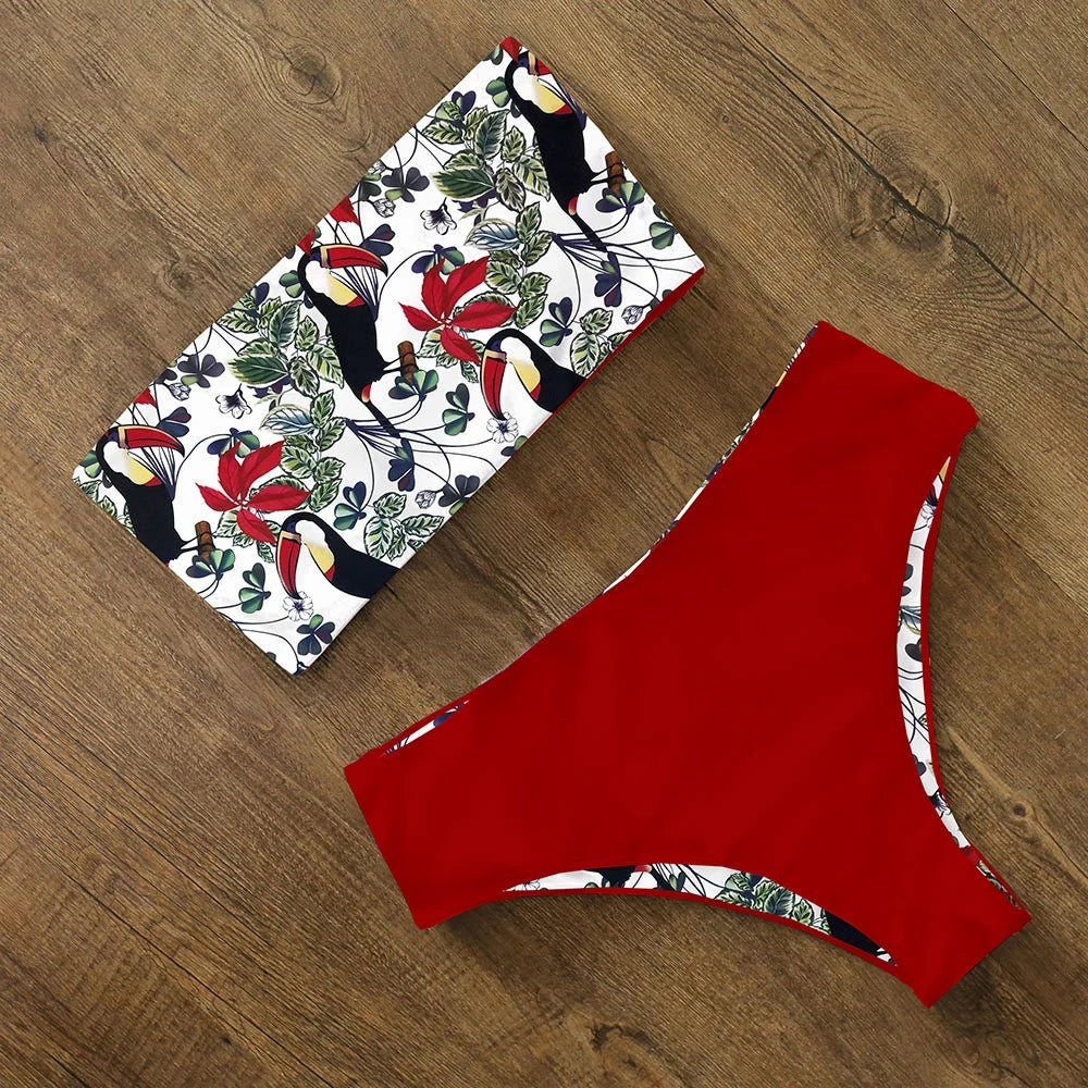 2025 New Sexy Low Hight Bikini Set Swimwear Women Bandeau Female Print Floral Strappy Swimsuit Bathing Suit Beach Wear Biquini Beauty World Shop