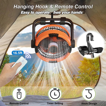 Camping Fan 20000mAh Rechargeable Portable Outdoor Camping Fan Air Circulators Wireless Tent Ceiling Fans with Hook and Light Beauty World Shop