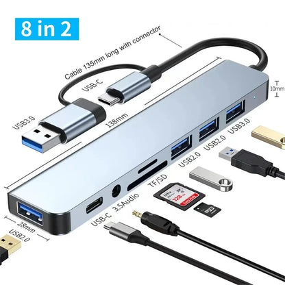 8 In 2 USB HUB With Splitter Card Reader, USB C Port, USB 3.0 / 2.0, SD/TF Splitter Card Reader, Docking Station Beauty World Shop