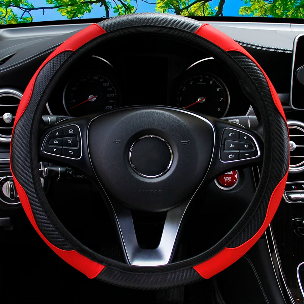 PU Carbon Fiber Leather Car Steering Wheel Cover without Inner Ring Suitable for 14.5-15 Inches of Automotive Supplies Beauty World Shop