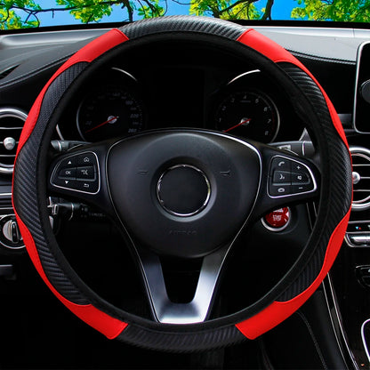 PU Carbon Fiber Leather Car Steering Wheel Cover without Inner Ring Suitable for 14.5-15 Inches of Automotive Supplies Beauty World Shop