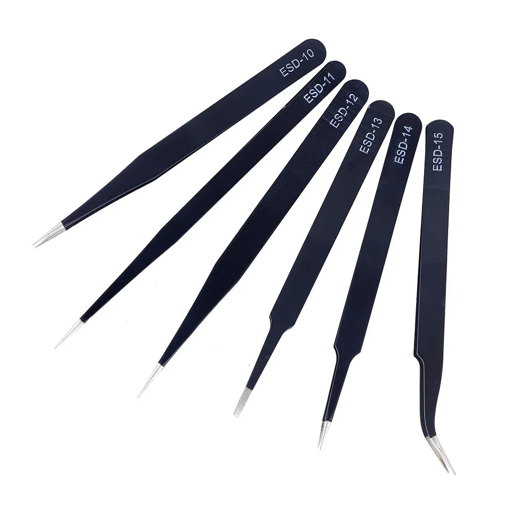 6Pcs Anti-static ESD Tweezers Maintenance Tool Industrial Precision Curved Straight Tweezers Repair Tools Set Beauty World Shop