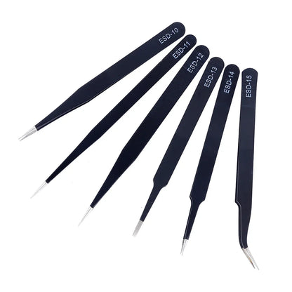 6Pcs Anti-static ESD Tweezers Maintenance Tool Industrial Precision Curved Straight Tweezers Repair Tools Set Beauty World Shop