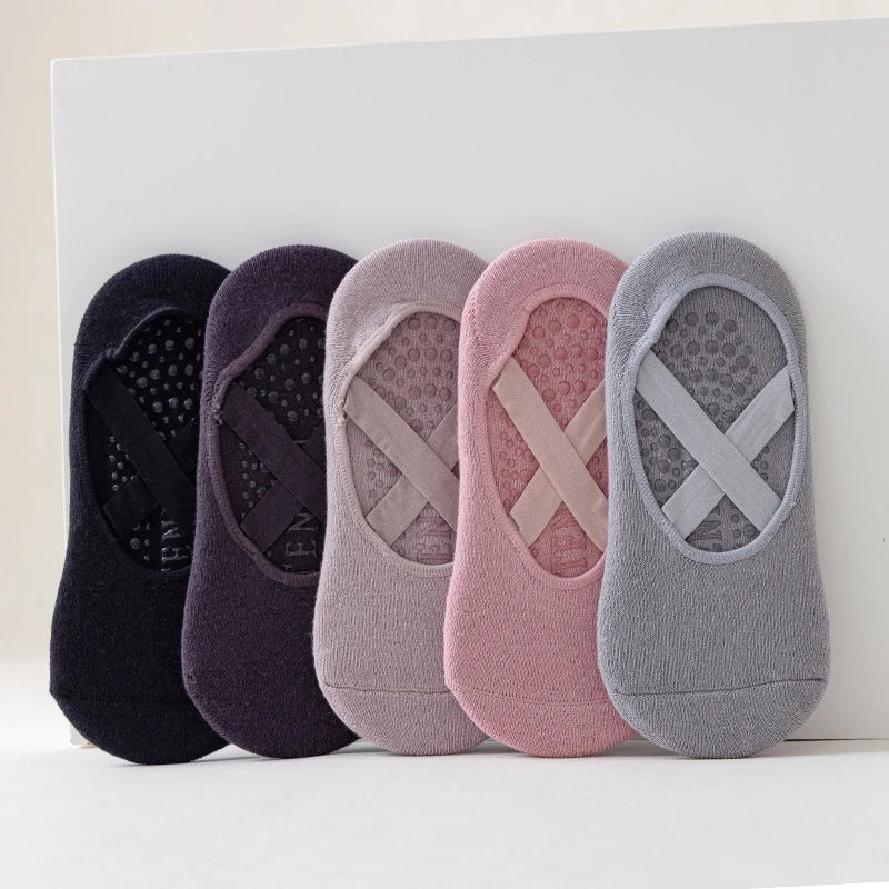 Women Breathable Towel Bottom Yoga Socks Silicone Non-Slip Bandage Pilates Sock Ladies Ballet Dance Fitness Workout Cotton Socks Beauty World Shop