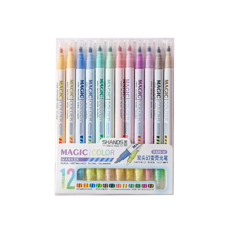 12pcs Double-ended Magic Color Changing Highlighter Pen Set, Student Diary Scrapbook Painting DIY Making, Classroom and Office S Beauty World Shop