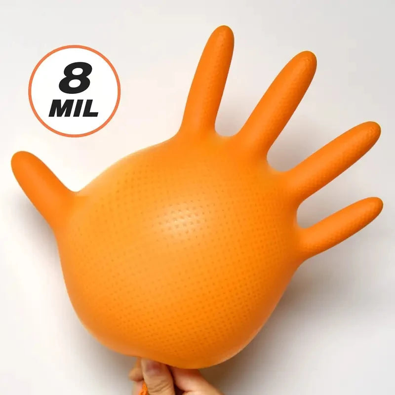 Heavy Duty Orange Nitrile Gloves 8Mil Industrial Disposable Gloves with Diamond Textured Grip for Mechanic Safety & Work Gloves Beauty World Shop