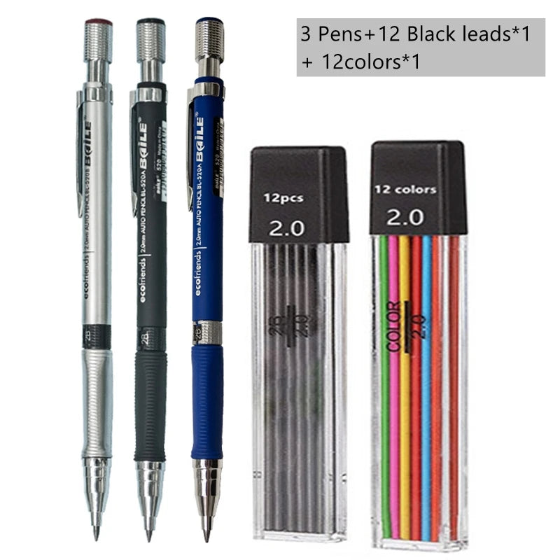 Mechanical Pencil Set 2.0 mm with 2B Black/Colors Lead Refill For Writing Sketching Art Drawing Painting School Automatic Pencil Beauty World Shop