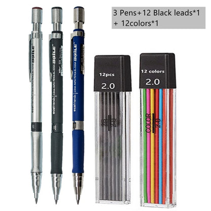 Mechanical Pencil Set 2.0 mm with 2B Black/Colors Lead Refill For Writing Sketching Art Drawing Painting School Automatic Pencil Beauty World Shop