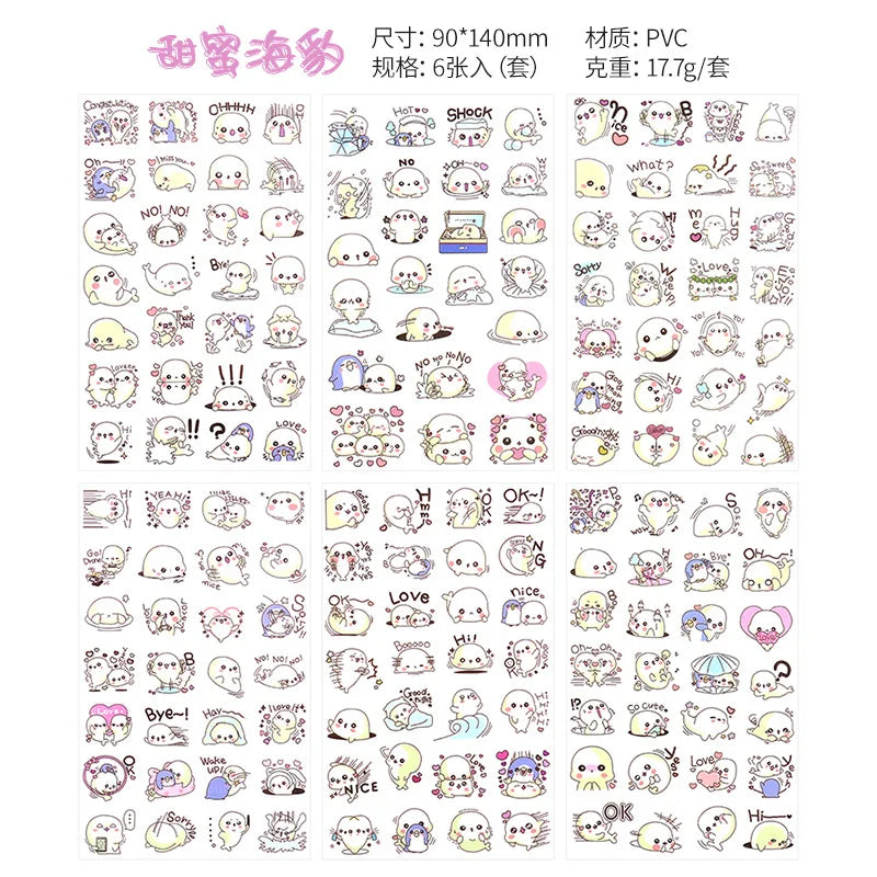 6Pieces/Set Transparent Pvc Waterproof Cartoon Sticker DIY Hand Account Decorative Stickers Kawaii Phone Cup Stickers Beauty World Shop