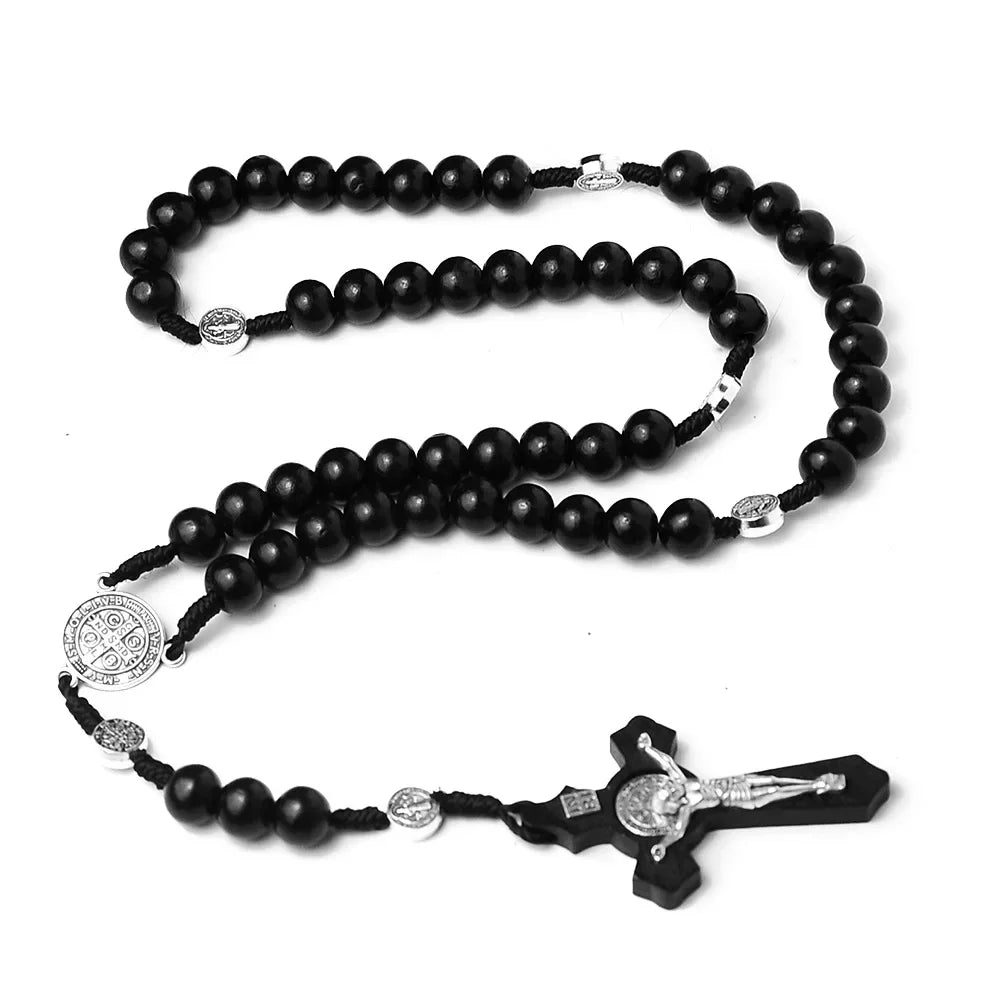 Catholic Wood Beaded Rosary Necklaces For Women Christian INRI Crucifix Cross Pendant Long Chain Men Religion Prayer Jewelry Beauty Trend Shop