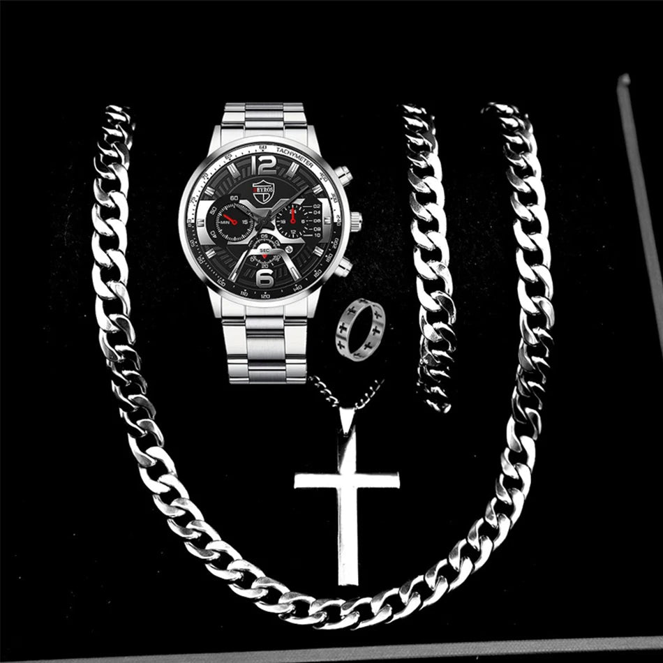 5PCS Set DEYROS Fashion Mens Calendar Watches Men Business Stainless Steel Quartz Wristwatch Male Casual Necklace Bracelet Watch Beauty World Shop