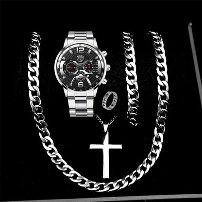 5PCS Set DEYROS Fashion Mens Calendar Watches Men Business Stainless Steel Quartz Wristwatch Male Casual Necklace Bracelet Watch Beauty World Shop