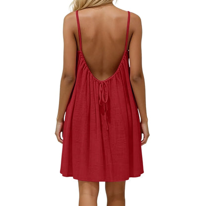 Dress, European & American Vacation Relaxed Style, Backless Elegant Vibe, 2026 Summer New Solid Color Spaghetti Strap Flowy A-Li Beauty World Shop