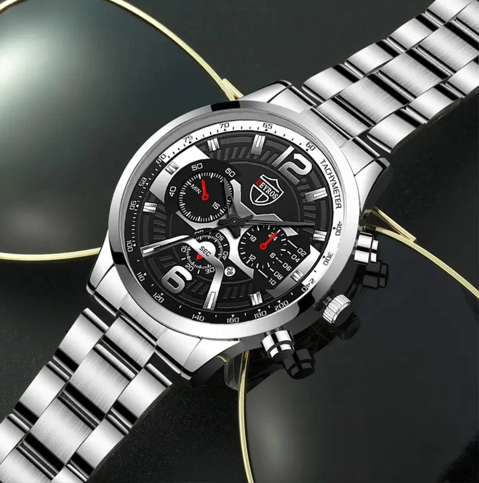 5PCS Set DEYROS Fashion Mens Calendar Watches Men Business Stainless Steel Quartz Wristwatch Male Casual Necklace Bracelet Watch Beauty World Shop