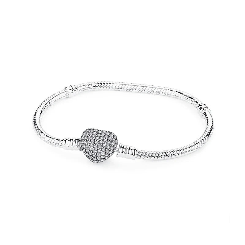 Original 925 Sterling Silver Bracelets Bangles Love Heart Clip Charms Beads Snake Chains For Women Rose Gold DIY Luxury Jewelry Beauty World Shop