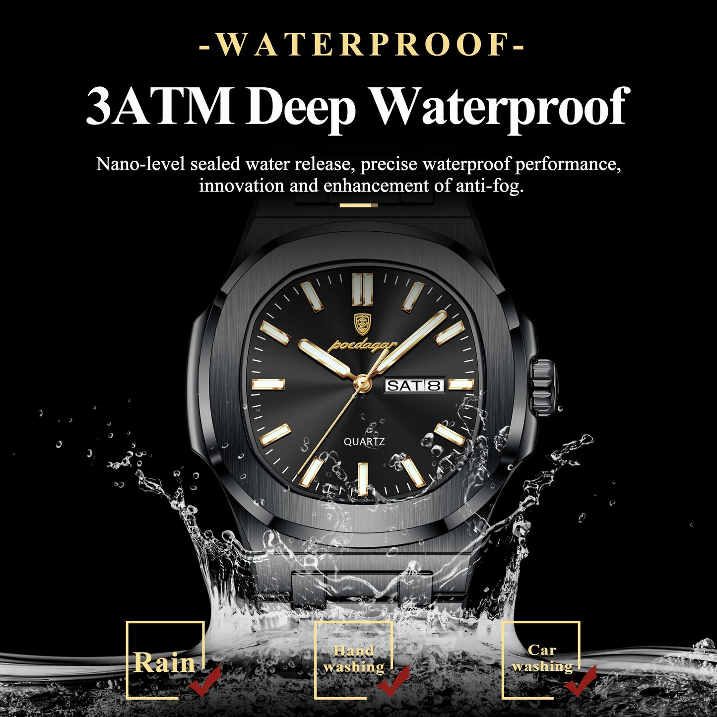 POEDAGAR Square Luxury Men's Wristwatch Luminous Waterproof Stainless Steel Male Clock Week Date Original Quartz Watches For Men Beauty World Shop