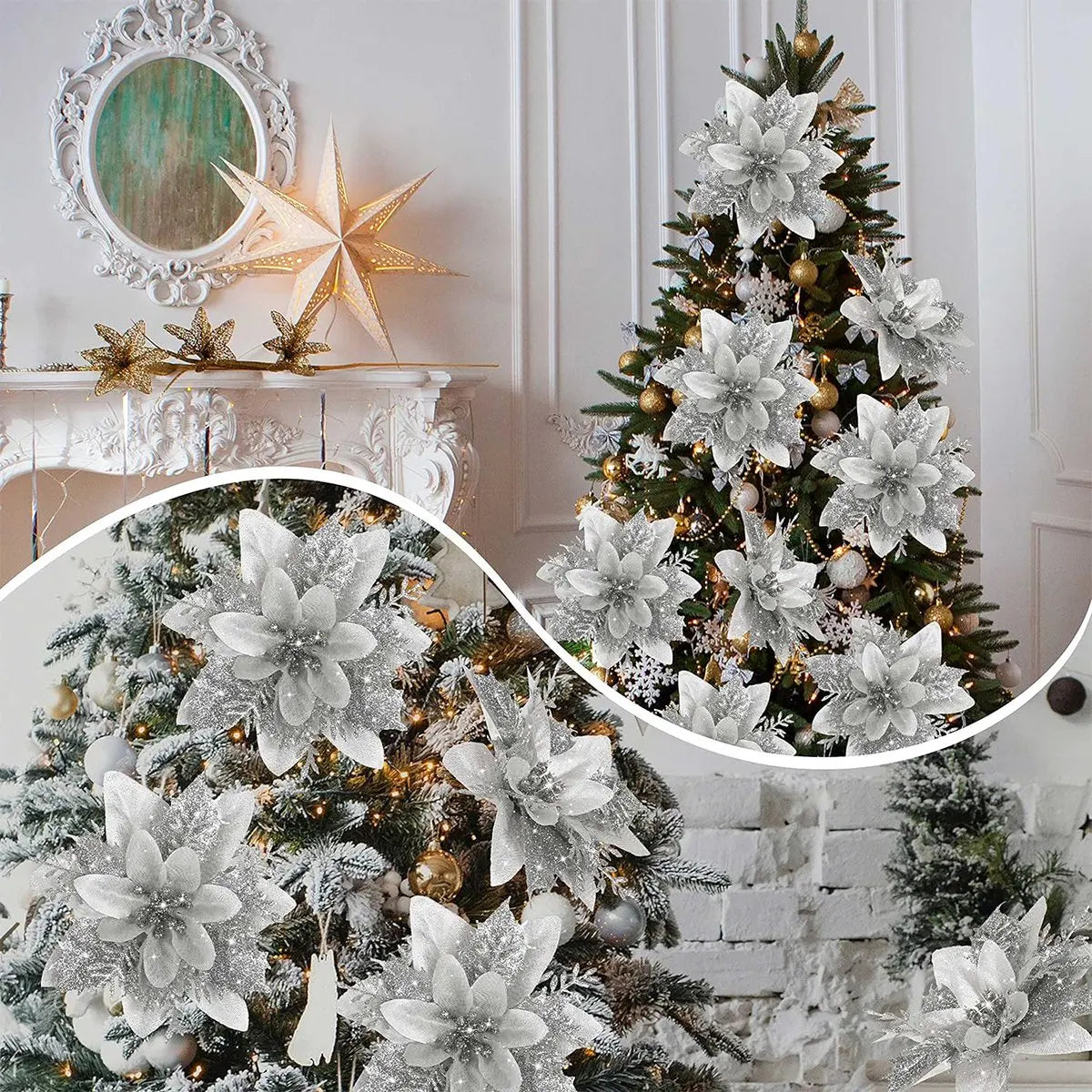 Christmas Glitter Artificial Flowers Christmas Tree Hanging Ornaments Fake Flower for Home 2025 Xmas New Year 2026 Navidad Gift Beauty World Shop