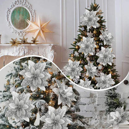 Christmas Glitter Artificial Flowers Christmas Tree Hanging Ornaments Fake Flower for Home 2025 Xmas New Year 2026 Navidad Gift Beauty World Shop