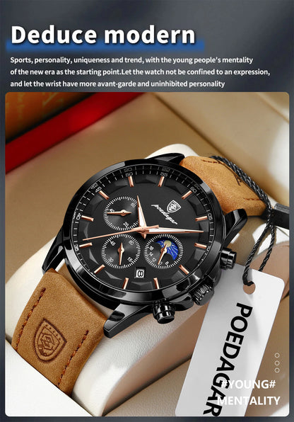 POEDAGAR Original Military Men Clock Waterproof Luminous Leather Quartz Man Watch Chronograph Date Luxury Business Men's Watches Beauty World Shop