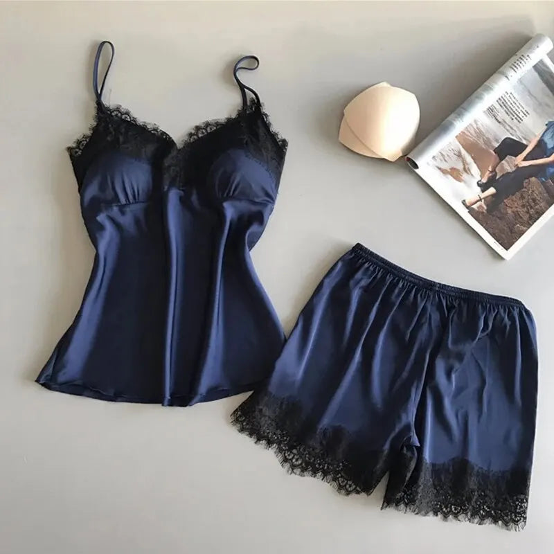 Women Pajama Suit Fashion V-Neck Lace Sexy Lingerie Pyjamas Sleep Shorts Set Sleepwear New Beauty World Shop