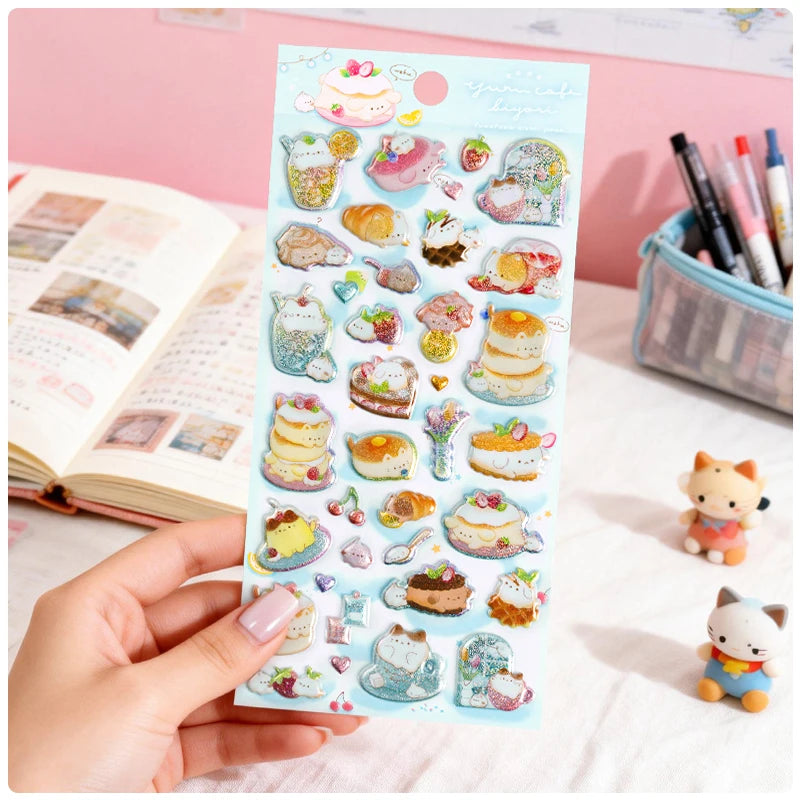 3 pcs/6 pcs Sweet Candy Pets Cat Coffee Cakes Flash Puffy 3D Stickers Scrapbooking Diy Diary Stationery Stickers School Supplies Beauty World Shop