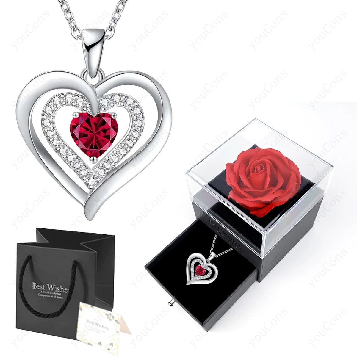 Luxury Red Zircon Pendant Necklaces With Rose Flower Gift Box For Girlfriend Women I Love You Gifts 2024 Trendy Wedding Jewelry Beauty World Shop